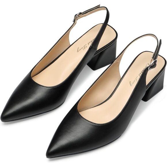Women Slingback Black Toe Block Heel Pump Low Heel Office Wedding Dress Shoes - Picture 5 of 5